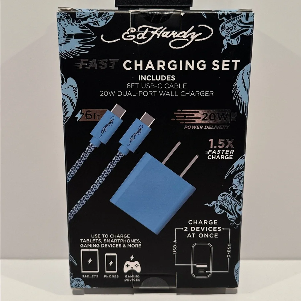 NIB Ed Hardy Fast Charging Set with 6 Ft. USB-C to USB-C Cable.